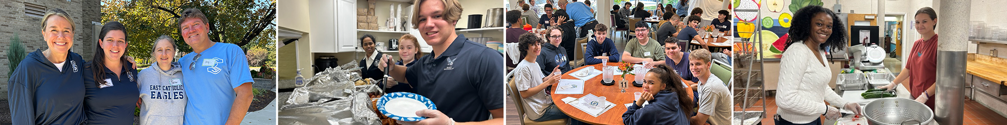 Four staff members smiling, students volunteering to make shelter meals, students sitting at a table for dinner, students prepping food for shelter meals