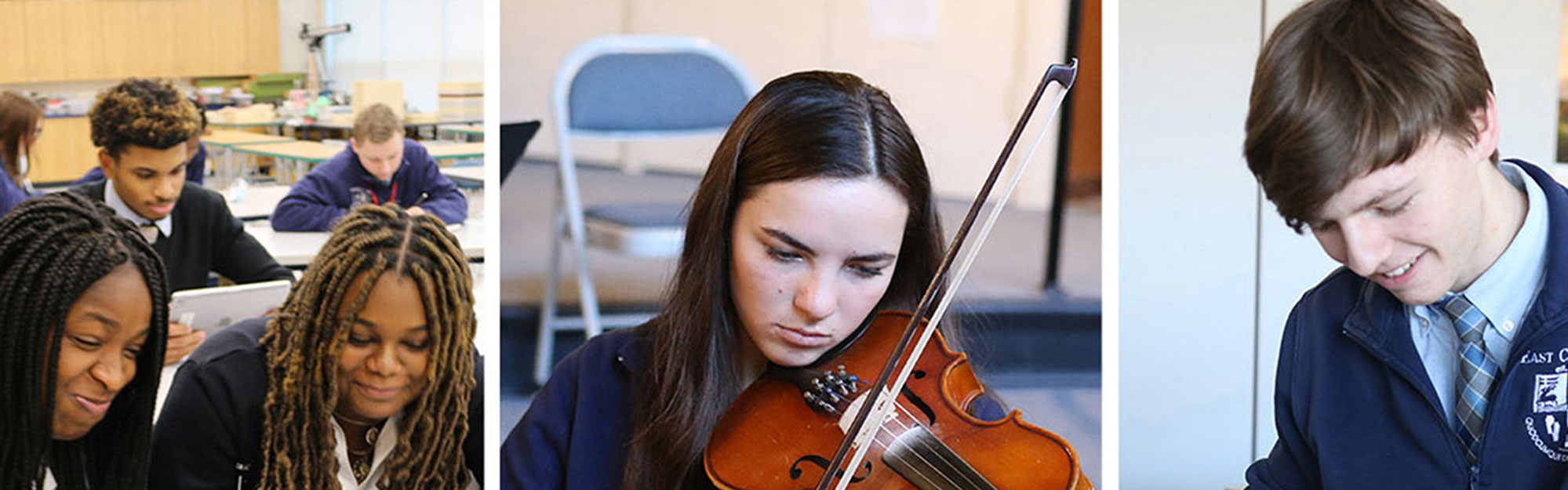 Teacher working with student, student playing violin, and student painting