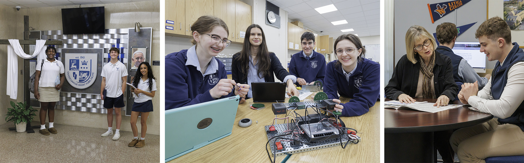 Three students in school entryway, Four students working on electronics, and a staff person assisting a student